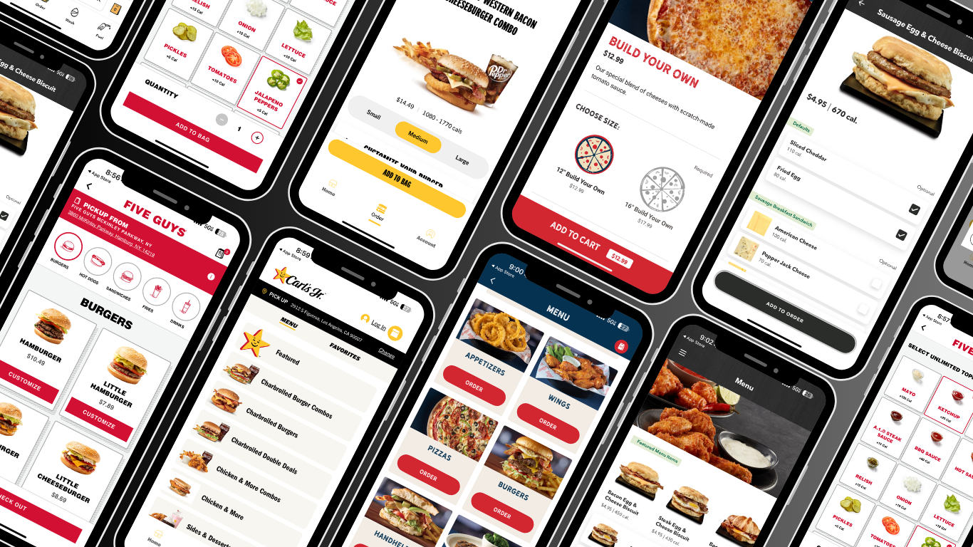 Mobile app portfolio showcase featuring Five Guys, Chick-fil-A and other restaurant ordering platforms